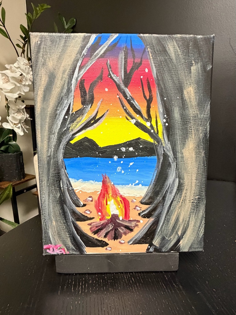 Sunset Beach Campfire Canvas Wall Art - Multicolor